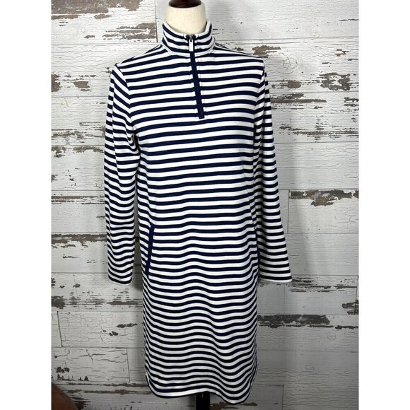 Lands End Dresses & Skirts - LANDS’ END SERIOUS SWEATS 1/4 Zip Casual Dress Blue White Stripe Sz XS